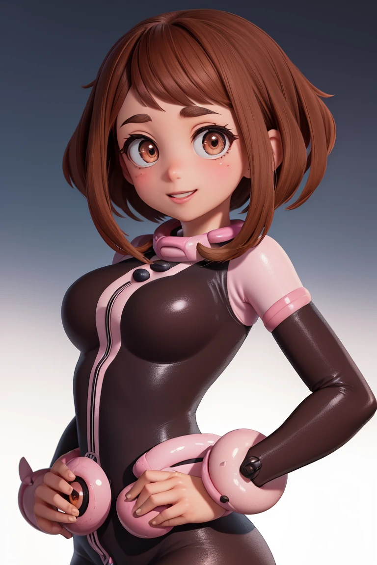 ochakouraraka, ochako uraraka, (uraraka ochako:1.5), (brown eyes:1.5), brown hair, short hair, smile, BREAK (bodysuit:1.5), skin tight, superhero, BREAK white background, best quality, high resolution, unity 8k wallpaper, (illustration:0.8), (beautiful detailed eyes:1.6), extremely detailed face, perfect lighting, extremely detailed CG, (perfect hands, perfect anatomy),