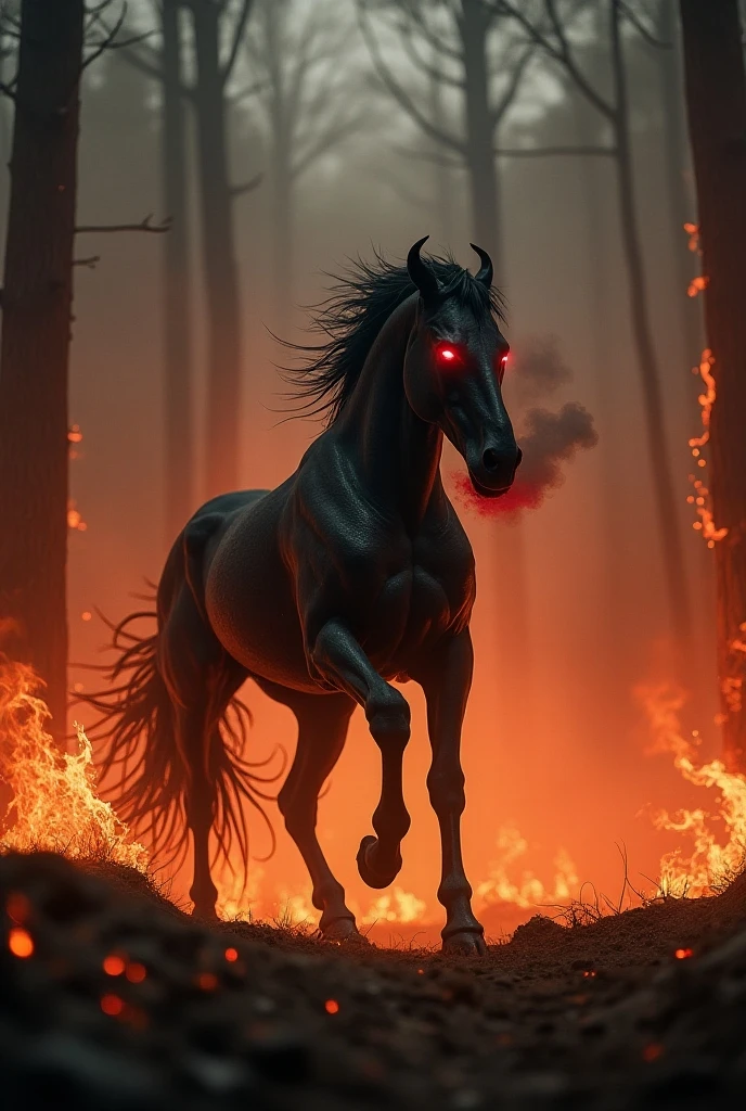 A demon horse trots through a burning forest. (masterpiece,  vivid colors , realistic,  best quality , 8k), Studio lighting