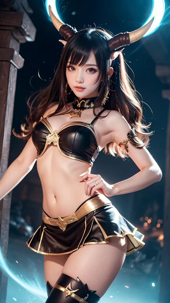 Brown Hair、Blunt bangs、((Straight hair))、((Big Breasts))、Lace fabric、(Pelvic Curtain)、Sexy black and gold outfit、Gorgeous Accessories、Fair skin、Poses that accentuate the chest、Cute Smile