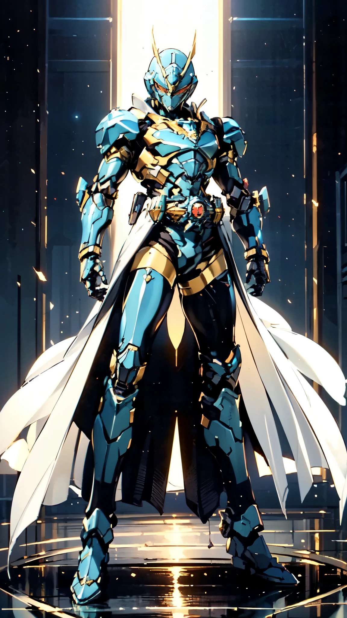 (masterpiece:1.5, best quality:1.5, extremely delicate:1.5), ((male:1.5)), a man wearing a full-face helmet, green eyes, fantasy-style high-tech biomimetic armored combat suit, (a composite layered chest armor), the design balances heavy with agility, fully enclosed shoulder guards, matching arm and leg guards, a belt of gemstone, (the color scheme is primarily Blue and Golden with Red accents, Organic Biotech, Concept Inspired by Kamen Rider, glowing eyes, armor glows, stand of a futuristic sci-fi city), this character embodies a finely crafted fantasy-style armored hero in anime style, exquisite and mature art style, metallic, high definition, highres, ultra-detailed, ultra-fine painting, professional, perfect body proportions, golden ratio, anatomically correct, symmetrical face, extremely detailed eyes and face, high quality eyes, creativity, RAW photo, UHD, 32k, Natural light, cinematic lighting, masterpiece-anatomy-perfect