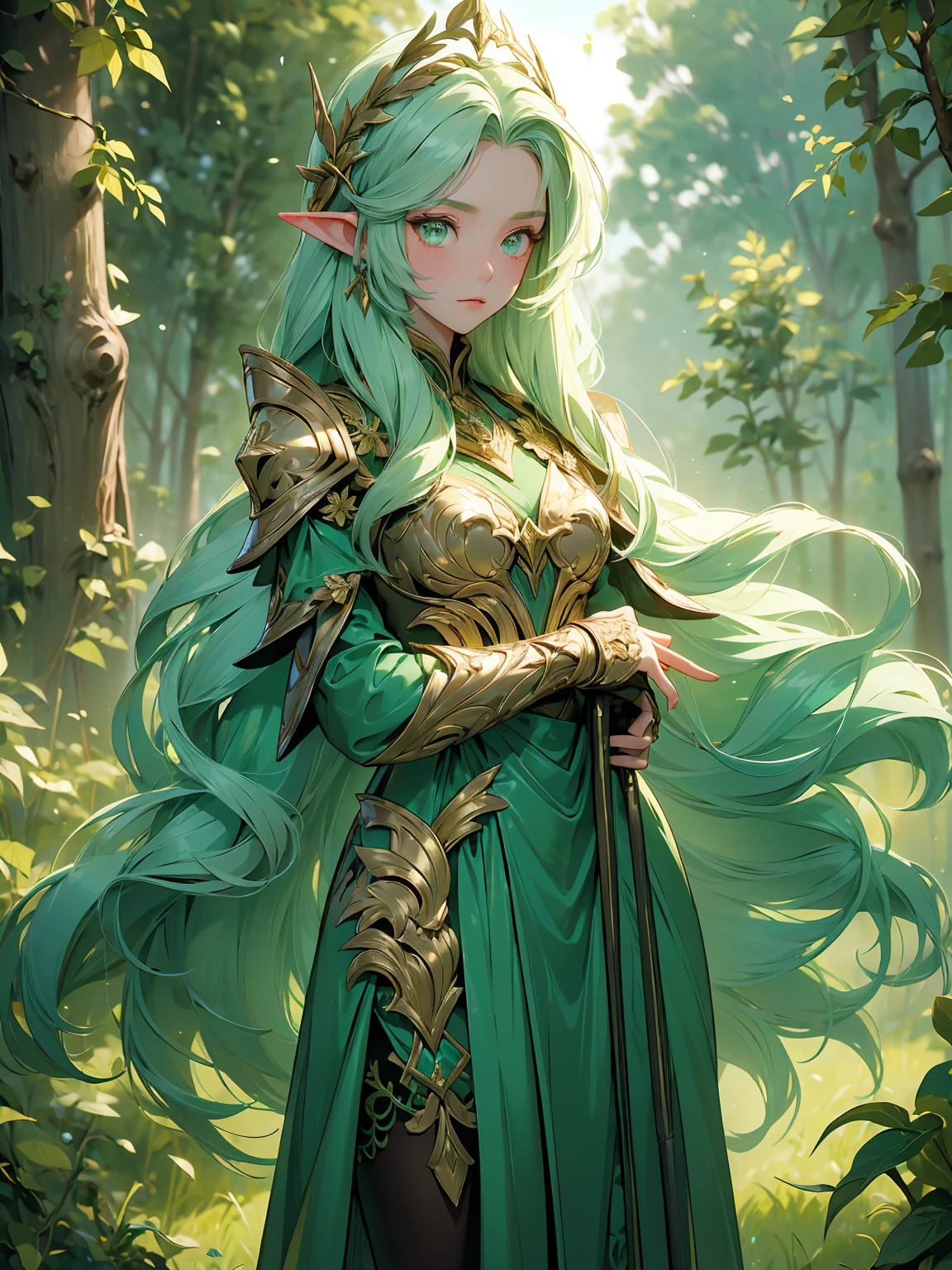 ((full body shot)) of a girl in natural, leafy armor with vines and flowers woven into the design, standing in an enchanted, ancient forest. She has long, flowing green hair and glowing, emerald eyes. Her skin has a faint, earthy texture, and she is adorned with various pieces of nature, like feathers and crystals. She holds a staff made of twisted wood and adorned with glowing runes. The atmosphere is {tranquil|magical}, with shafts of sunlight piercing through the dense canopy. The ground beneath her is a lush carpet of moss and fallen leaves, reflecting the vibrant life and adding to the natural ambiance. Surrounding her are various woodland creatures and glowing plants in shades of {green|yellow}, casting a warm, natural glow. The background features towering, ancient trees and mystical stone formations, hinting at a hidden, magical sanctuary. The scene is serene and mystical, with her face showing a gentle yet powerful expression, her eyes focused intently on her surroundings.

[Best quality], [Masterpiece], [Ultra-detailed], [4k], {tranquil|magical} atmosphere, ancient forest, {dynamic pose|serene pose}, sunlight illumination, {soft shadows|dappled lighting}, {reflected light on moss:0.7}, {glowing plants:0.6}, {woodland creatures:0.5}, {ancient trees:0.4}, {mystical stones:0.3}.