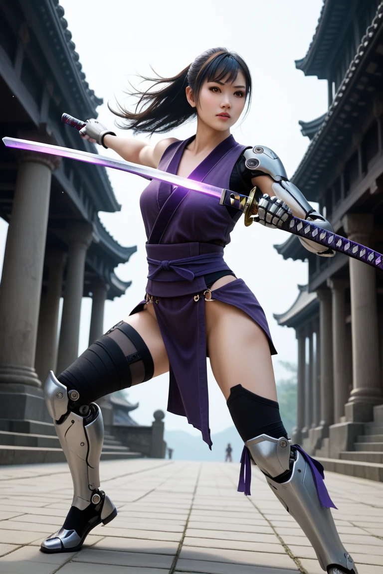 score_9,score_8_up,score_7_up,score_6_up,score_5_up,(A cinematic shot of a beautiful asian female cyborg, detailed face features, black hair, robotic arms, robotic legs, holding a purple glowing katana by the handle in attacking pose, purple fire around the katana blade, best quality, amazing details, temple in background:1.2), hkwarrior, mythp0rt