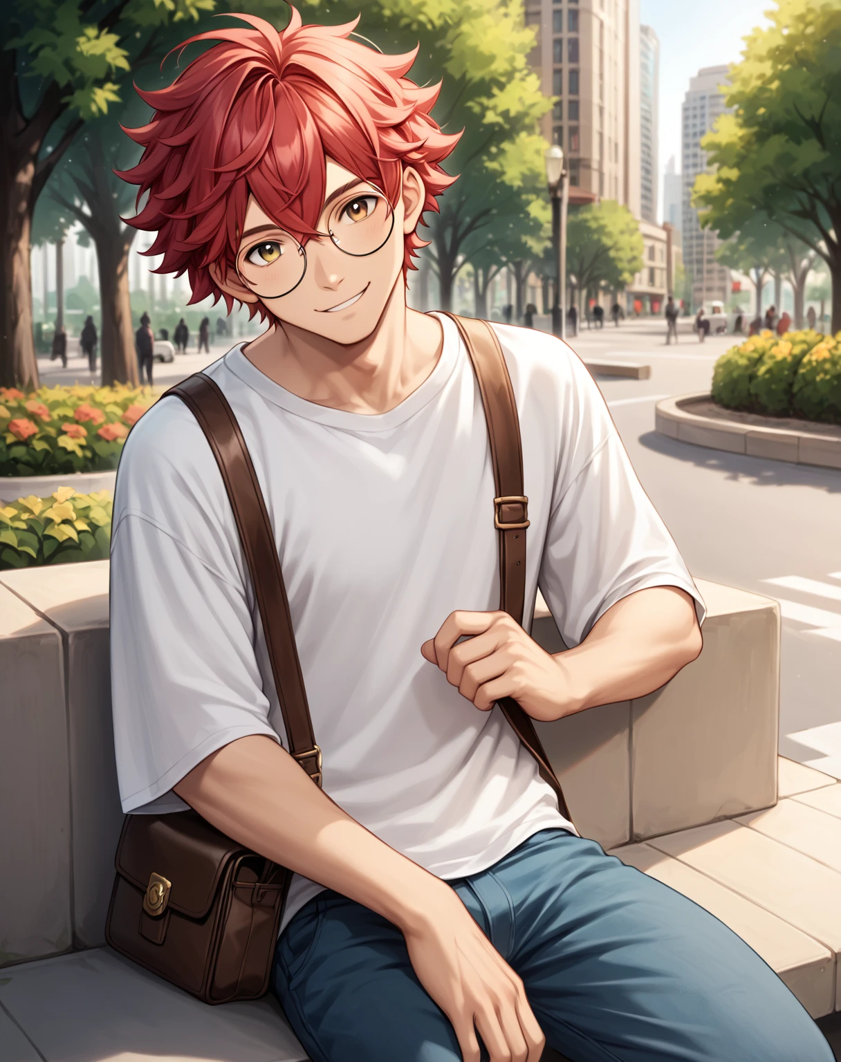 core_9,score_8_up,score_7_up,),score_9,score_8_up,score_7_up, {{anime, cowboy shot, source_anime, outdoors, city, park, colorful, vibrant, looking at viewer, solo, sitting on ledge}} male, handsome, cute, crimson hair, short hair, fluffy hair, round eyewear, crossed bangs, baggy pants, oversized shirt, satchel, gentle smile, head tilt.
