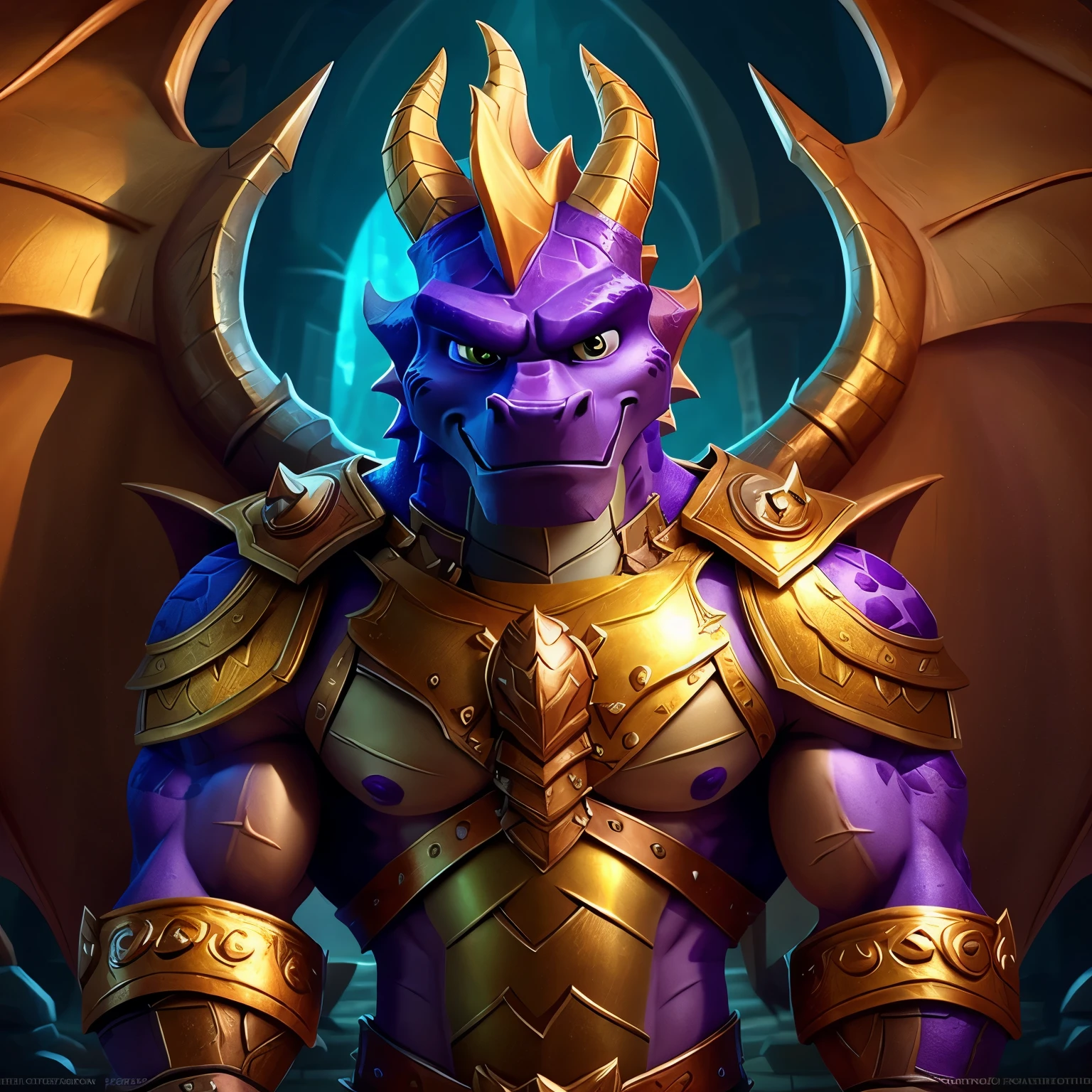 Spyro, badass, NSFW, Anthropomorphic Dragon, adult, masculine, defined muscles, shows off arms, the wings spread behind him, Gold armor on shoulders and forearms, golden irises in the eyes. heroic, on a tower, evening, distant fires, bulge in loincloth, Thick testicles slightly visible under loincloth, a red scarf thrown over the shoulders,