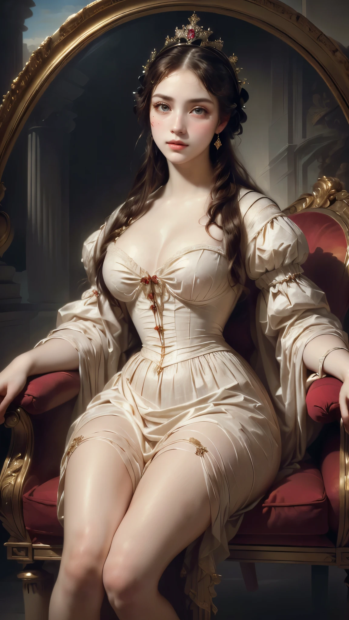  woman sitting on a chair dressed in white,  elegant lady with alabaster skin , realistic Renaissance portrait, pale skin de porcelana,  pale porcelain white skin , in high renaissance style, portrait of princess,  Renaissance digital painting ,  inspired by Francesco Hayez , Renaissance portrait, Rococo Queen, baroque digital painting,  inspired by Franz Xaver Winterhalter ,  face, woman dressed in white,  with neckline grid ,  big, plump breasts , face da , tudor'style s, Image of 1650 , pale skin,  green-eyed,  Noble countries . ([long hair hair]:1.8), ( Body inteiro:1.8), (Parte superior do Body:0.3), (hyper-realistic:1.4), (realistic:1.3), ( best quality real skin texture ),  Detailed eyes,   detailed face, Persephone, Body, ( beautiful and detailed eyes ), ( Super detail), ( wallpaper ), (  detailed face), Shine Ray, optical, panoramic lighting,  atmospheric perspective , dawn, Anti-Aliasing: 5D, painting of light, , beautiful face, Perfect Body Beauty: 1.4,  clear facial features, symmetrical transparent wings, detalhes impressionantes, (sfw), 
body proportions, (Chapped lips:1.4), (blush de nariz:1.2), foreshortening, black cuts, (eye contact), High contrast, ultra high resolution, high resolution, detailed, Clean face,  ( sexy face :1.5), (big purple eyes:1.2), ( ultra detailed eyes:1.4), ( High-resolution eyes :1.1), (Ultra detailed skin texture:1.4), PERSEPHONE, Persephone, Persephone, (SFW:1.5),  (full body:1.8), (upper body up:0.3), (hyper realistic:1.4), (realistic:1.3), (best quality real texture skin), Detailed eyes, detailed face,  cameltoe 
