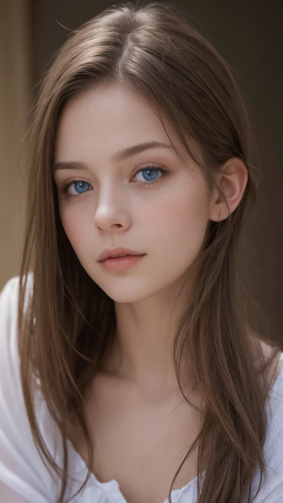 Girl brown hair blue eyes,labios normales, delgada con pechos medianos que se vea real
