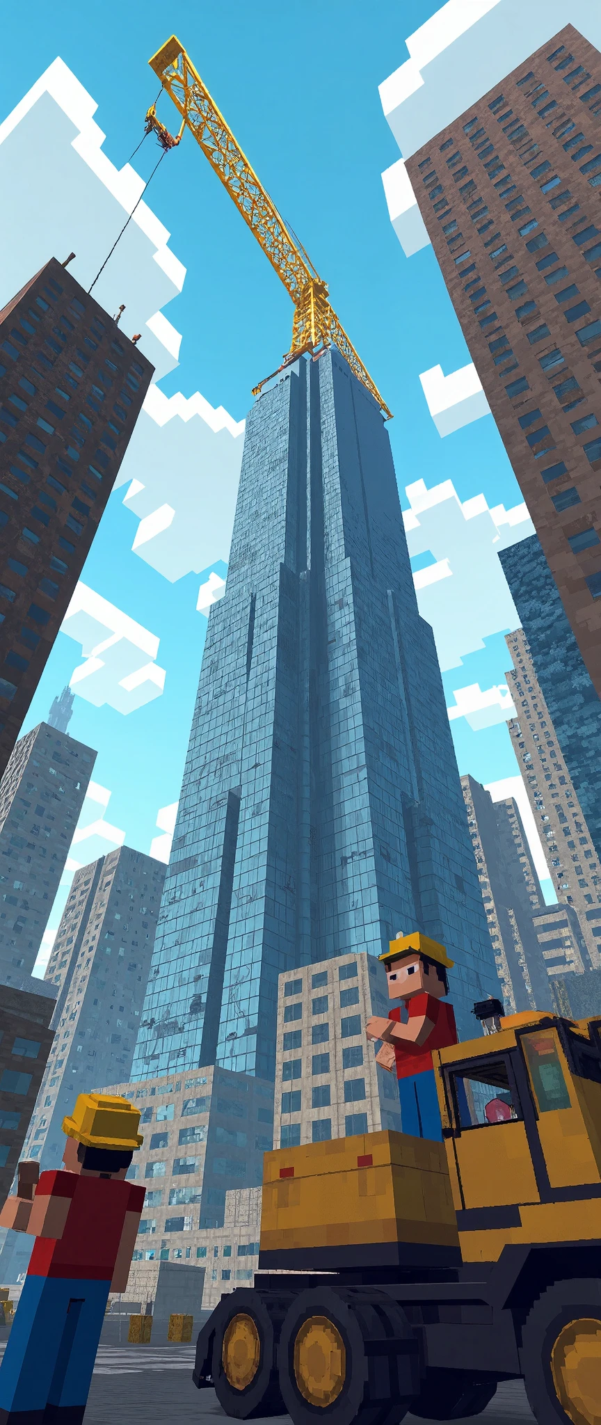 (masterpiece:1.2, best illustration,Super detailed),( and Minecraft :2.0),( high quality voxel art:2.0),(Voxel-based world :2.0),( big city closeup :2.0),(Skyscraper construction site:2.0),(Heavy machinery:2.0),( cute:2.0),( Minimalist :2.0),( pixel art:2.0),(crane:2.0),(Construction machinery:2.0),(From below:2.0),( dynamic :2.0),(Workers:2.0)