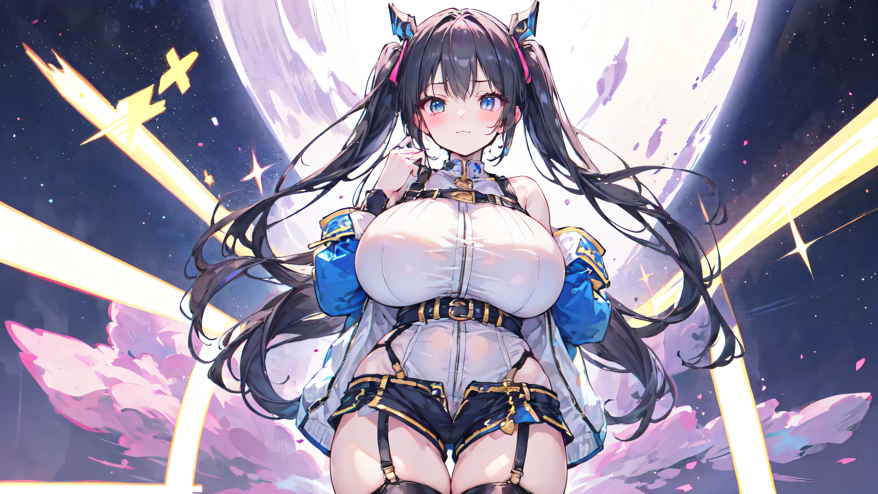 ( high-waisted shorts ,Body Harness, garter belt ),(super huge breasts:3.0, high-waisted shorts ,Adventurer&#39;s Clothes),