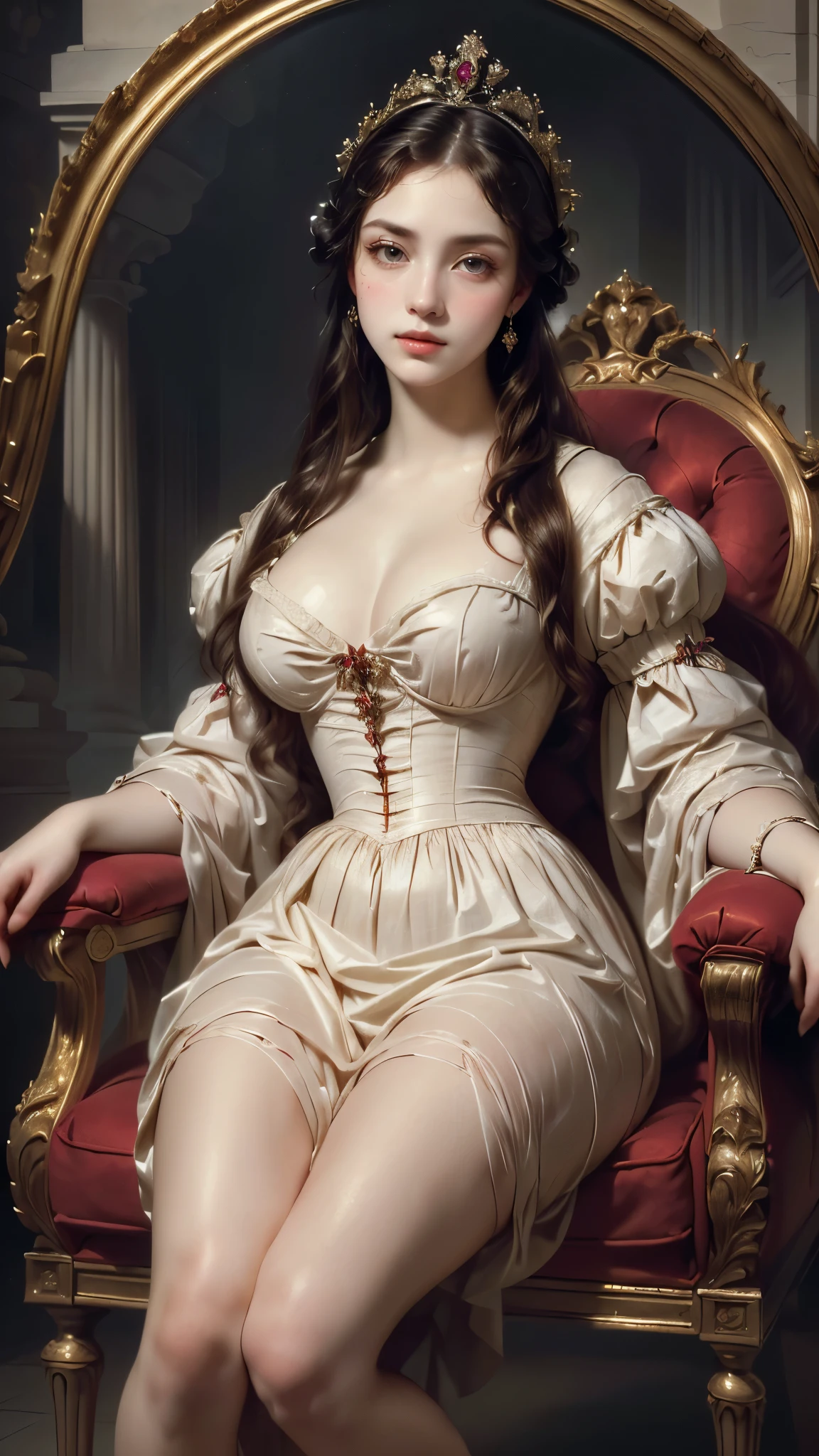  woman sitting on a chair dressed in white,  elegant lady with alabaster skin , realistic Renaissance portrait, pale skin de porcelana,  pale porcelain white skin , in high renaissance style, portrait of princess,  Renaissance digital painting ,  inspired by Francesco Hayez , Renaissance portrait, Rococo Queen, baroque digital painting,  inspired by Franz Xaver Winterhalter ,  face, woman dressed in white,  with neckline grid ,  big, plump breasts , face da , tudor&#39;style s, Image of 1650 , pale skin,  green-eyed,  Noble countries . ([long hair hair]:1.8), ( Body inteiro:1.8), (Parte superior do Body:0.3), (hyper-realistic:1.4), (realistic:1.3), ( best quality real skin texture ),  Detailed eyes,   detailed face, Persephone, Body, ( beautiful and detailed eyes ), ( Super detail), ( wallpaper ), (  detailed face), Shine Ray, optical, panoramic lighting,  atmospheric perspective , dawn, Anti-Aliasing: 5D, painting of light, , beautiful face, Perfect Body Beauty: 1.4,  clear facial features, symmetrical transparent wings, detalhes impressionantes, (sfw), 
body proportions, (Chapped lips:1.4), (blush de nariz:1.2), foreshortening, black cuts, (eye contact), High contrast, ultra high resolution, high resolution, detailed, Clean face,  ( sexy face :1.5), (big purple eyes:1.2), ( ultra detailed eyes:1.4), ( High-resolution eyes :1.1), (Ultra detailed skin texture:1.4), PERSEPHONE, Persephone, Persephone, (SFW:1.5),  (full body:1.8), (upper body up:0.3), (hyper realistic:1.4), (realistic:1.3), (best quality real texture skin), Detailed eyes, detailed face,  cameltoe 
