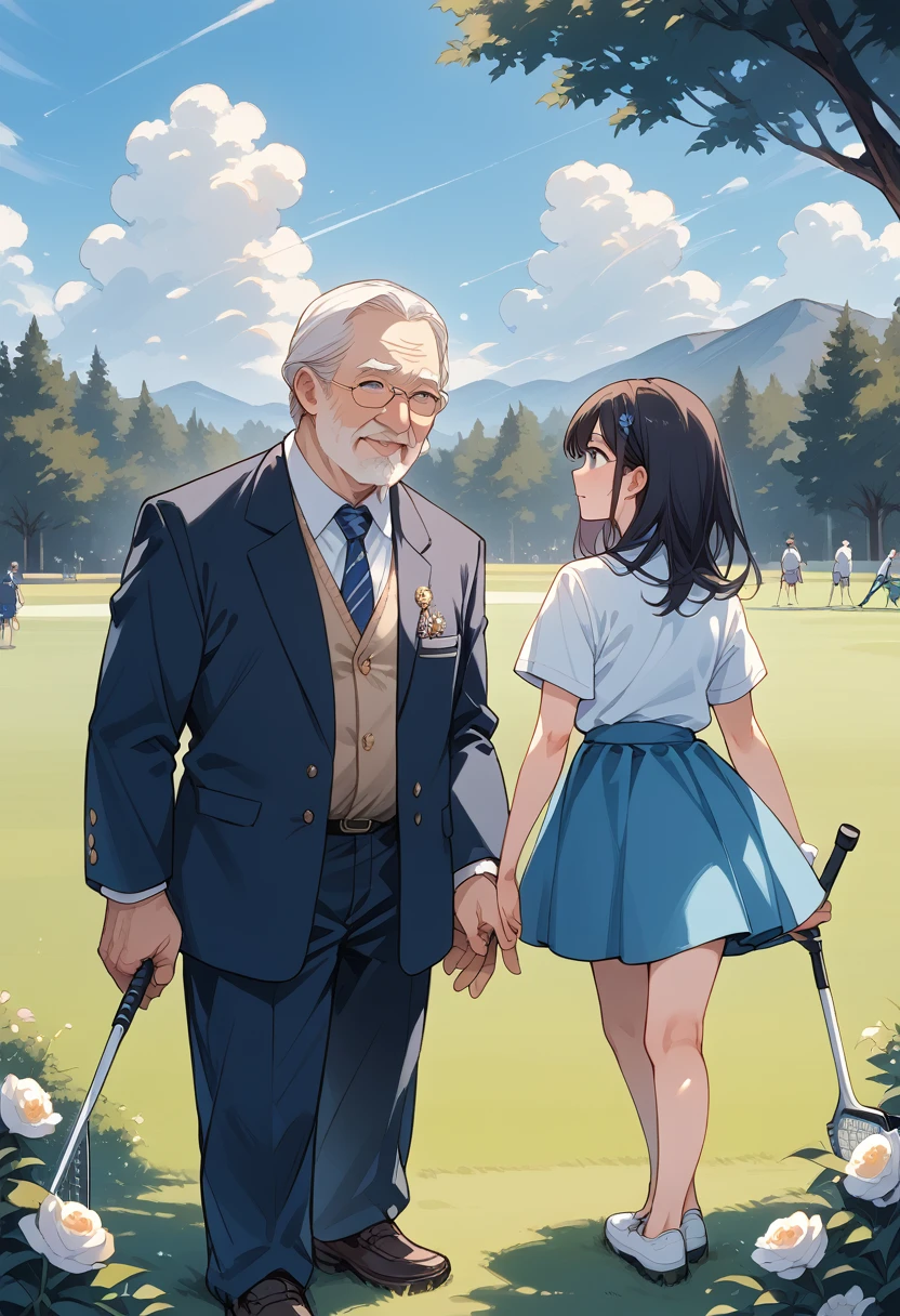 20 year old female, long black hair,  big boobs,Golf wear, skirt,  woman's grimace, flushing, Couple,  Photo of a man and woman ,  Man behind woman ,  man touches woman , Golf wear, Blue Sky, course, 40's man , middle aged man, old man, Uncle , Father , 할Father , golf cart