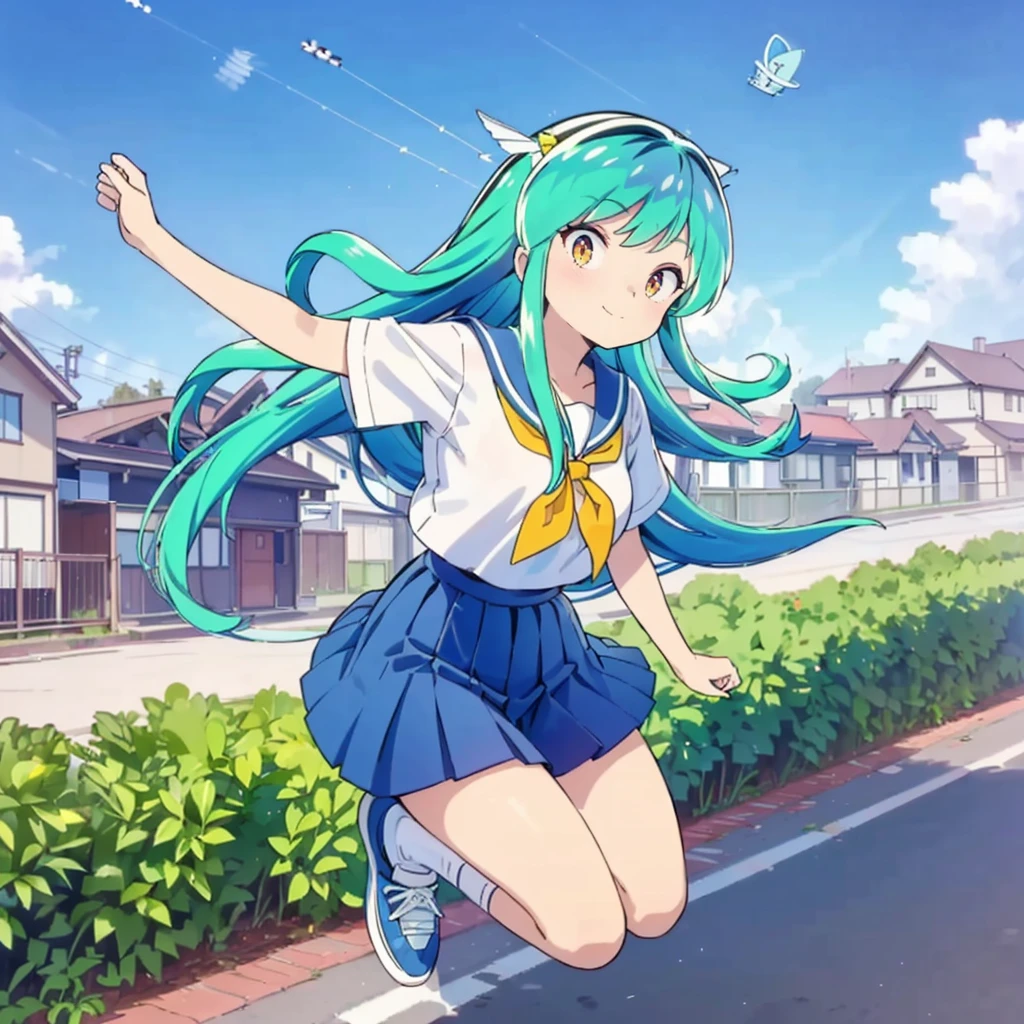 masterpiece, Best Quality, 1 Girl, Lum,  sailor suit, Summer clothes,  navy blue skirt, uniform,  Charming, 18 years old,  sexy, Japan,  high definition, From the front, Greenish silver hair, smile,  yellow neckerchief,  white socks ,  orange sneakers, Girlish behavior, Residential Street, ( flying in the sky:1.8), (上空から見たResidential Street:1.4), A residential area seen from above a height of 10 meters ,  action pose