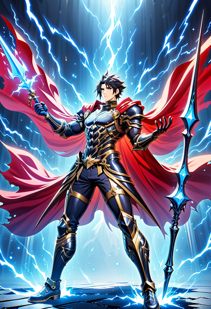 (( masterpiece )), (( better quality)), (ultra detailed),  extremely detailed CG unity 8k wallpaper, official art, precisely described shapes ,  detailed hands,  expressive eyes , 1 man, single man, Hector (fate/grand order), Tall Warrior ,  Short and dark fallen hair , slightly disheveled,  Serious and defined face , prominent jaw,  Thin and well-trimmed beard , goatee, dark eyes,  penetrating look ,  Fitted green jacket , long sleeve,  Modern style jacket , with black details (collar and edges ),  Black full finger gloves , adjusted,  dark pants , de corte recto y adjusted, black boots, con metal details,  Black t-shirt under the jacket,  red cloak waving , gold edge,  Reinforced gloves and boots , metal details,  Large spear ,  sharp and pointed blade , dark spear ,  gold on the edge ,  golden details on the handle , firm stance, erected,  Decisive and noble expression , in the sky,  covered with electricity , blue electricity, electrical powers,  eyes illuminated by electricity ,  full body wool sweater.