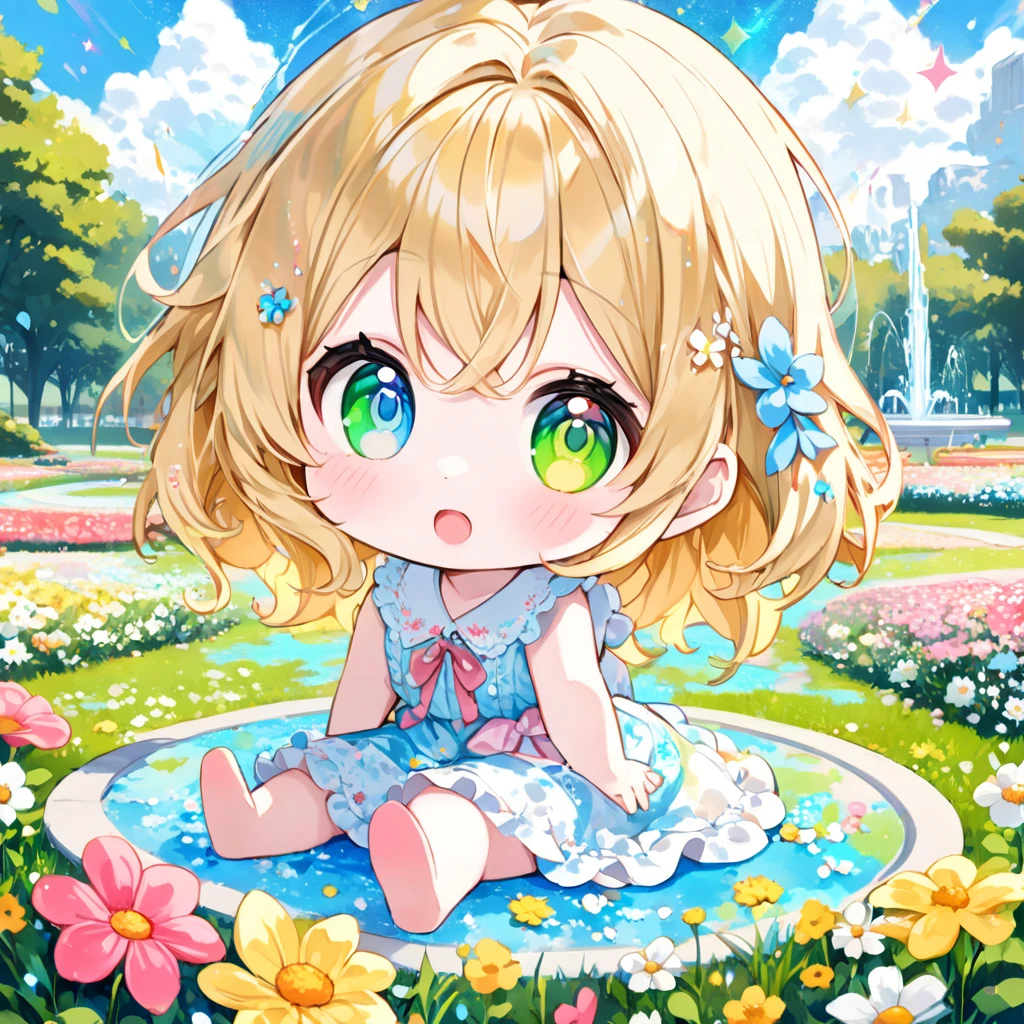 1girl, chibi, cute, pale skin, blonde hair, bob, big droopy eyes,
vast park, sitting on lawn, heterochromia, left blue eyes, right green eyes, clear eyes,
blue sky, fountain, flower field, pastel color countless sparkles,
ink splashing, pastel, (masterpiece, best quality, hyper detailed:1.2),