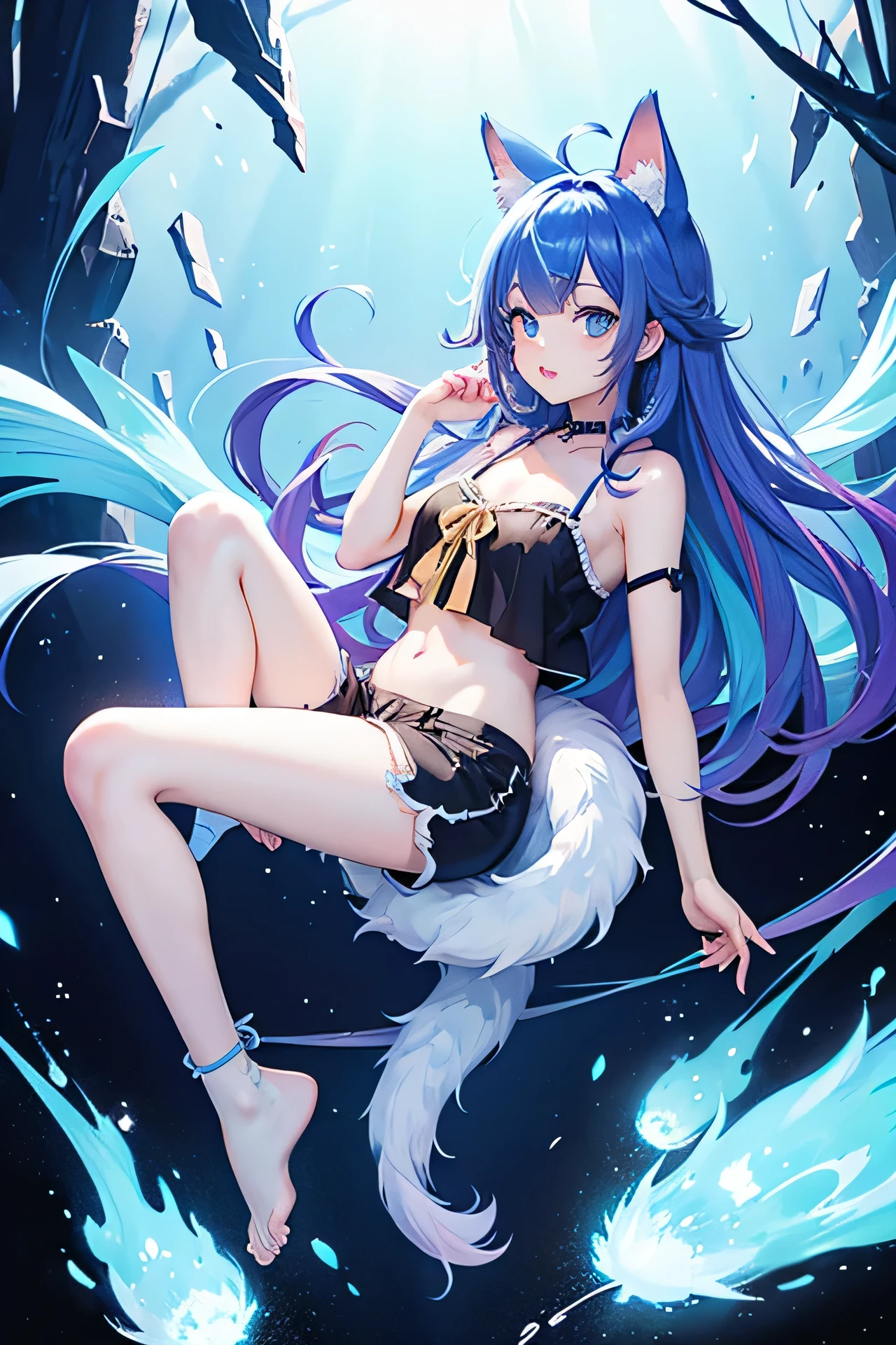 1girl, solo, bangs, hair braided in a low long ponytail, long blue fox ears, grey blue bodysuit, gray big pants, high boots, big fox fire blue tail, dark blue hair, dark blue eyes, sad look, straps on the chest, straps on the waist, short gray-green skirt. Sits in a jar of water. Water. Crystals 