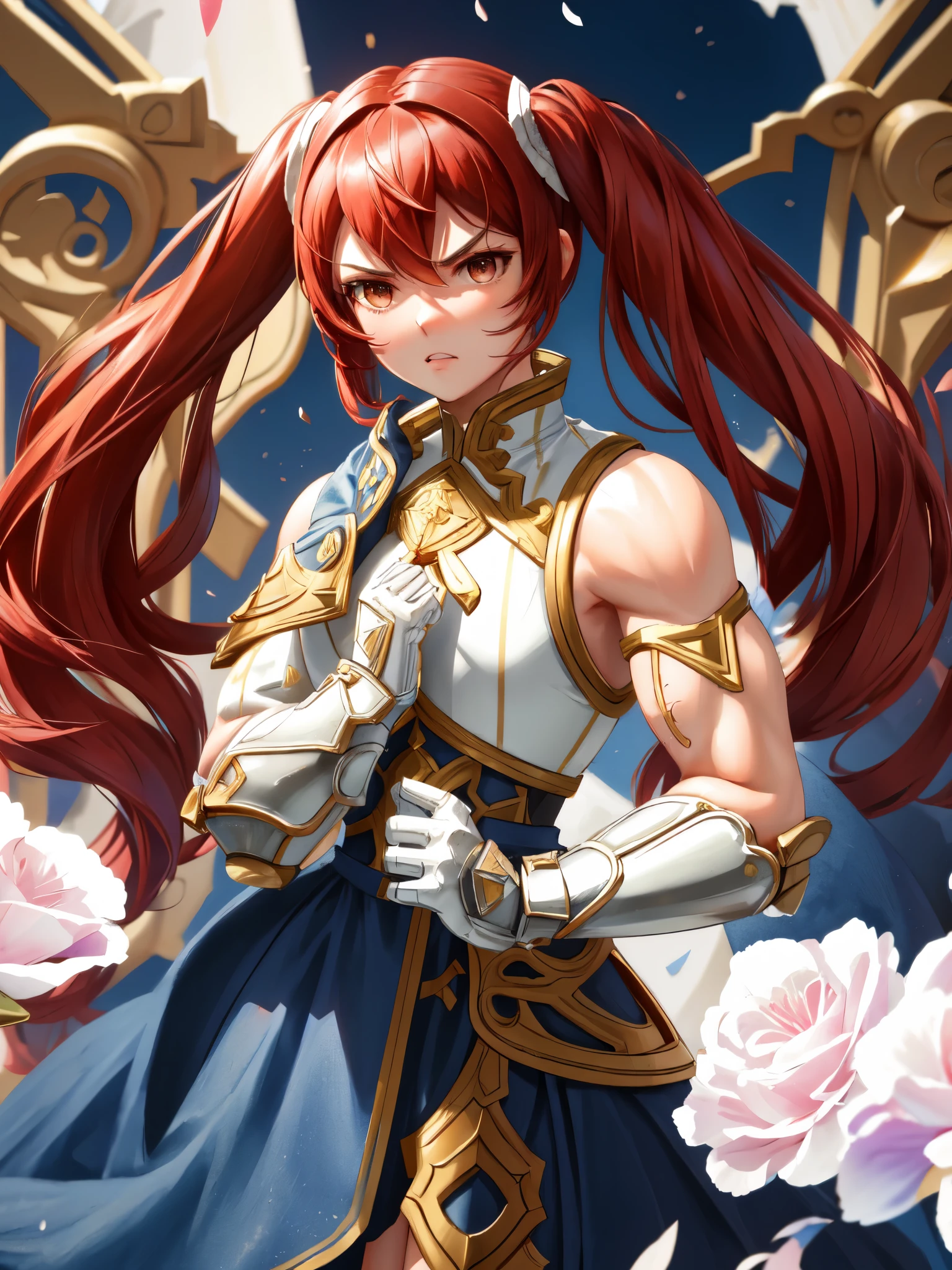 severa fe, ultra-detailed, 1girl, solo, looking at viewer, angry, hair between eyes, ((twintails)), armor, full body, tall girl, small head, High Resolution, Masterpiece, Detail, Depth Of Field, Bloom, colorful,((Bodybuilder))