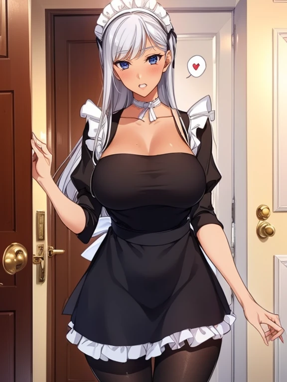 top-quality、Full limbs、complete fingers、1 beautiful woman,(ideal ratio body proportions:1.5), beautiful detailed face, perfect feminine face,mole under eye、sweat、Slender beauty、straight haired、silver hair、(( mini skirt sexy maid apron))、(coverd nipples:0.9)、very skinny、cleavage、White pantyhose、(castle、 Room、bed:1.1)、(open the door:1.6),(invite a man,in heat:1.6),used condom、vulgarity、spoken heart、(tan:1.5)、(open mouth:1.2),