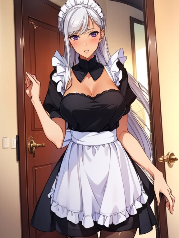 top-quality、Full limbs、complete fingers、1 beautiful woman,(ideal ratio body proportions:1.5), beautiful detailed face, perfect feminine face,mole under eye、sweat、Slender beauty、straight haired、silver hair、(( mini skirt sexy maid apron))、(coverd nipples:0.9)、very skinny、cleavage、White pantyhose、(castle、 Room、bed:1.1)、(open the door:1.6),(invite a man,in heat:1.6),used condom、vulgarity、spoken heart、(tan:1.5)、(open mouth:1.2),