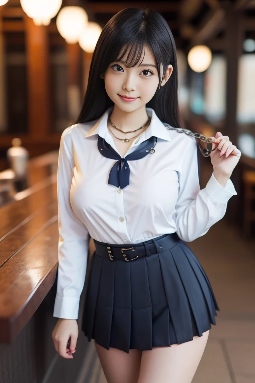 masterpiece, Highest quality, 8k, Young and beautiful girl, Baby Face、Clothed small breasts、((((I can see your chest))))((((((10 years old)))))),((Small breasts:1.3)), photo shoot, Cute Face, Thighs,、smile, 10 generations, Detailed face, Background blur、Long Hair、Black Hair、Small breasts、Tight waist,(((((Small breasts))))mini skirt((White collared shirt))mini skirt、Navy Pleated Skirt、high school girl、necklace、Open shirt