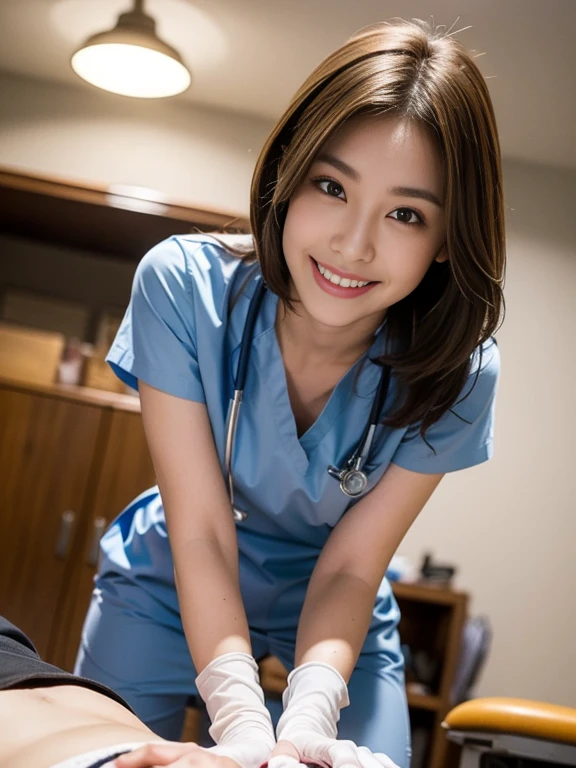 masterpiece, best quality, beautiful woman, 1 female doctor and 2 apprentice nurses and viewer, female doctor massaging viewer's crotch with both hands, doctor is skillfully stimulating with both hands, laboratory bench viewer, viewer is sitting on the examination bed, nurses in the back staring at my crotch and looking excited, bring her face closer to my crotch, grin smug, cleavage, looking each other, glistening shiny skin, light-brown hair, rubber gloves, big breasts, dynamic angle, depth of view, at semen collection room in examination room, POV