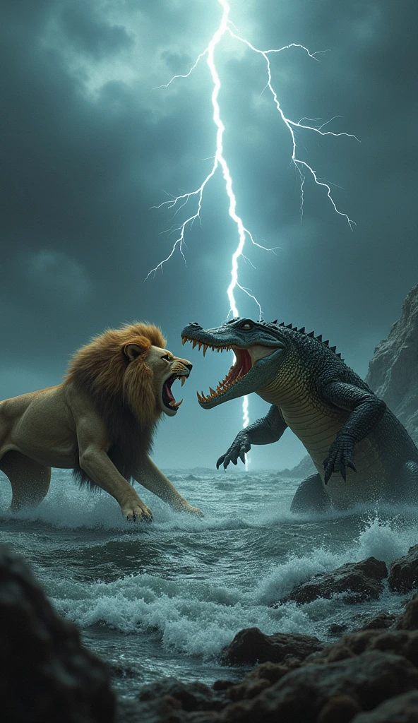 Create a gripping scene where a lion, desperate for a kill, leaps at a crocodile basking on the riverbank. The battle is fierce and chaotic, with the lion managing to avoid the crocodile's deadly jaws while landing powerful blows. After a series of attacks, the lion manages to defeat the crocodile, standing triumphant over its body. However, the victory is short-lived, as the lion, severely wounded and bleeding from deep gashes, collapses shortly after, its life ebbing away. Focus on the brutal realism of nature's conflicts, the lion's moment of triumph, and its tragic downfall