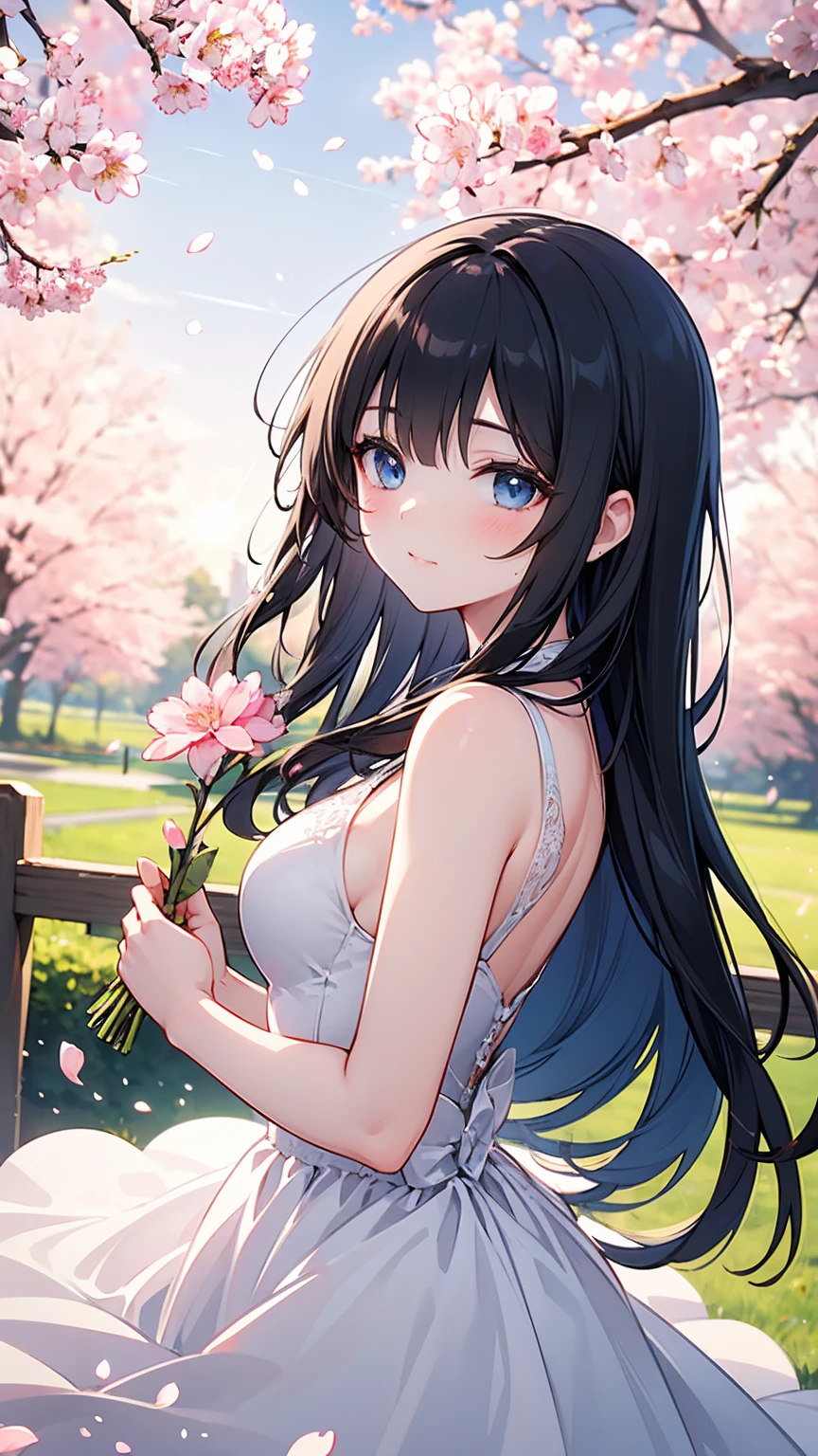 Anime girl with long hair and white dress holding blue object, anime visual of a cute girl, seductive anime girls, clean and meticulous anime art, sakura season, Official artwork, sakura petals around her, An anime cover, anime moe art style, anime illustration, Beautiful anime girl, sakura bloomimg, Digital anime illustration, anime wallaper, trending on cgstation, Guviz