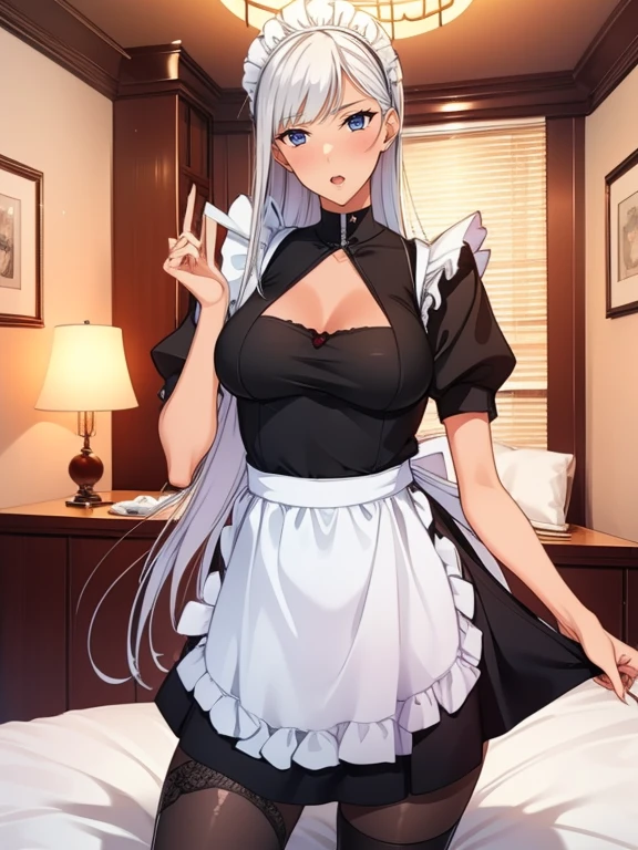 top-quality、Full limbs、complete fingers、1 beautiful woman,(ideal ratio body proportions:1.5), beautiful detailed face, perfect feminine face,mole under eye、sweat、Slender beauty、straight haired、silver hair、(( mini skirt sexy maid apron))、(coverd nipples:0.9)、very skinny、cleavage、White pantyhose、(castle、 Room、bed:1.2)、(invite a man,in heat:1.6),used condom、vulgarity、spoken heart、(tan:1.5)、(open mouth:1.2),