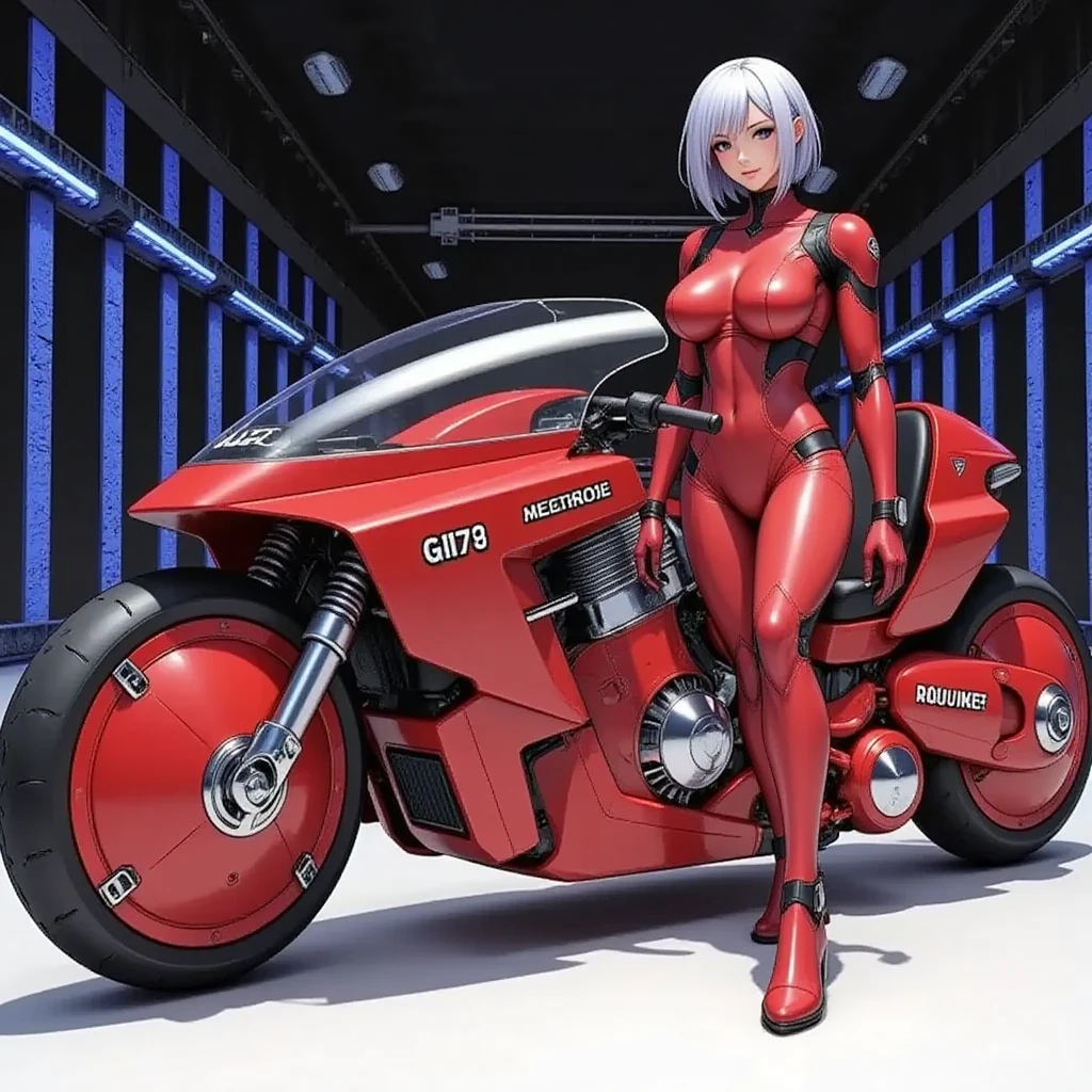 1girl,Sitting,Akira Bike,Lean back,Put your foot forward,Thick eyebrows,android woman,big breasts,Large scooter,Very low seat,Low vehicle height,One step ahead,Akira Bike,high resolution,masterpiece,high quality,masterpiece,high quality, (Photorealsitic:1.4),Raw photo,(super realistic details),portlate,Shadow,Beautiful Skin,detailed face and eyes,Akira Bike Red,cycling,The background is a tunnel drawn by stretching blue hologram lines through a black cyber space:2.0