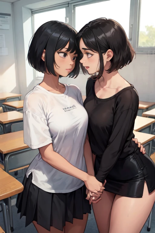 A boy halfway in transforming into a girl, scared look, black shirt, blue jeans, serounded by girls, in pain
