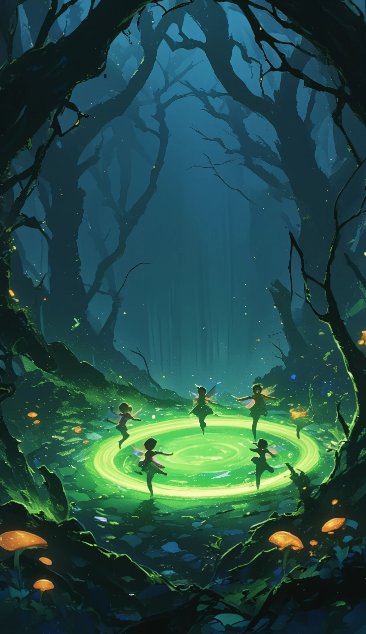 small cute fairies dancing happily upon fairy ring in the dark forest, Lots of shiny fairy dust , glowing green fairy rings