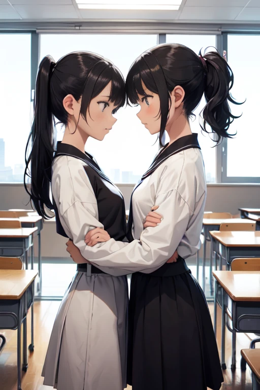 Two teenage girls ，Equal height，In the classroom， black hair ponytail，  face each other and stare at each other、handを握り合う、お互いにhandを握り合う、 hug each other &#39;hand、Hitting the chest， two bodies snuggle up ，Angry expression、 stare at each other 、Photo of two people、向かい合うPhoto of two people、Pushing each other&#39;、Put your chest together、uniform、 High School Girl 、 Miniskirt、Big Breasts、Quite large、Lesbian、Lesbianのセックス、Sexual Description、Lesbianの性行為、Put the cats together 、{{kissu、tongue、deep{{kissu、Sexy{{kissu、 while facing each other {{Kissing、tonguetongue、{{kissu、{{kissu、 Sex between Women 、Sexual activity between women