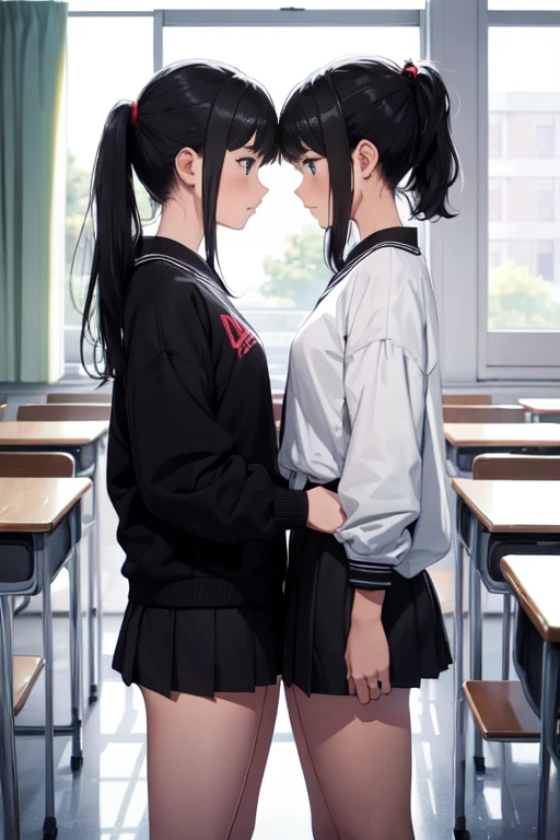 Two teenage girls ，Equal height，In the classroom， black hair ponytail，  face each other and stare at each other、handを握り合う、お互いにhandを握り合う、 hug each other &#39;hand、Hitting the chest， two bodies snuggle up ，Angry expression、 stare at each other 、Photo of two people、向かい合うPhoto of two people、Pushing each other&#39;、Put your chest together、uniform、 High School Girl 、 Miniskirt、Big Breasts、Quite large、Lesbian、Lesbianのセックス、Sexual Description、Lesbianの性行為、Put the cats together 、{{kissu、tongue、deep{{kissu、Sexy{{kissu、 while facing each other {{Kissing、tonguetongue、{{kissu、{{kissu、 Sex between Women 、Sexual activity between women