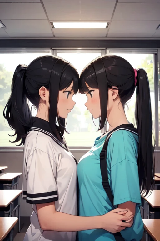 Two teenage girls ，Equal height，In the classroom， black hair ponytail，  face each other and stare at each other、handを握り合う、お互いにhandを握り合う、 hug each other &#39;hand、Hitting the chest， two bodies snuggle up ，Angry expression、 stare at each other 、Photo of two people、向かい合うPhoto of two people、Pushing each other&#39;、Put your chest together、uniform、 High School Girl 、 Miniskirt、Big Breasts、Quite large、Lesbian、Lesbianのセックス、Sexual Description、Lesbianの性行為、Put the cats together 、{{kissu、tongue、deep{{kissu、Sexy{{kissu、 while facing each other {{Kissing、tonguetongue、{{kissu、{{kissu、 Sex between Women 、Sexual activity between women