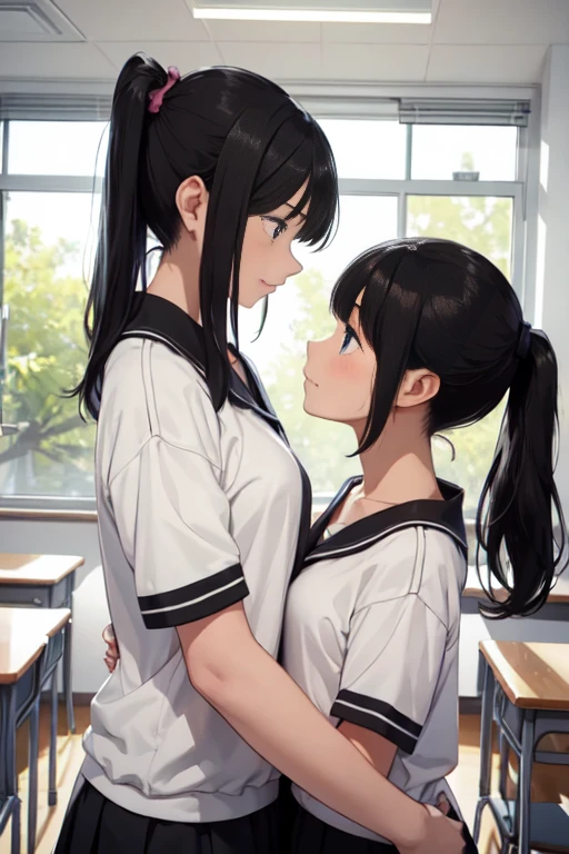 Two teenage girls ，Equal height，In the classroom， black hair ponytail，  face each other and stare at each other、handを握り合う、お互いにhandを握り合う、 hug each other &#39;hand、Hitting the chest， two bodies snuggle up ，Angry expression、 stare at each other 、Photo of two people、向かい合うPhoto of two people、Pushing each other&#39;、Put your chest together、uniform、 High School Girl 、 Miniskirt、Big Breasts、Quite large、Lesbian、Lesbianのセックス、Sexual Description、Lesbianの性行為、Put the cats together 、{{kissu、tongue、deep{{kissu、Sexy{{kissu、 while facing each other {{Kissing、tonguetongue、{{kissu、{{kissu、 Sex between Women 、Sexual activity between women