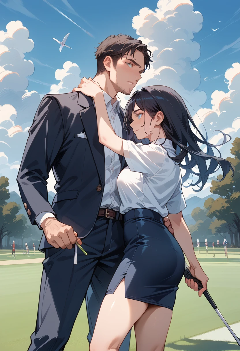 20 year old female, long black hair,  big boobs, Golf wear,  pencil skirt,  woman's grimace, flushing, Couple,  Photo of a man and woman , Man standing behind a woman ,  A man hugs a woman, Golf wear, Blue Sky, golf course , 40's man , middle aged man