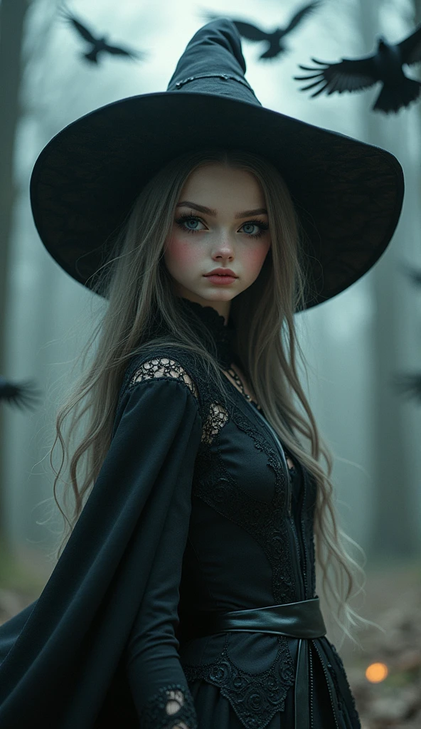 Realistic, 35mm, Intricate details, High resolution, Intricate details, Ultra-detailed, Natural skin texture, Hyperrealism, sharp, 1 girl, Adult (Elf:0.7) woman, Grey Eyes, Chestnut layered hair, Portraiture, Looking down, alone, Half Shot, Detailed Background, witch hat, witch, Magical atmosphere, Hair blowing in the wind, Light-colored clothing with red trim, A magical whirlwind swirling in the air, black magic, (Style - Swirl Magic:0.8), Suspended particles,witch、Deep forest background、One girl、cute、Fantastic light shines in、dark