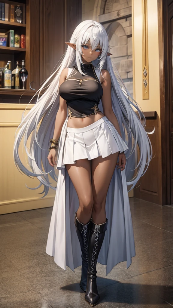 Full body, cute face, realistic, 8k, best quality, masterpiece, (1 cute woman, solo: 1.1), very big breasts, long white hair, white crop top, white skirt, white gloves, white heel boots, naked shoulders