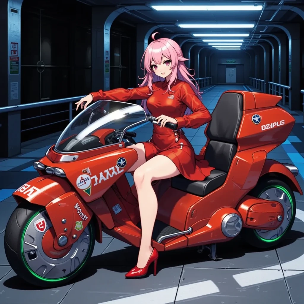 1girl,Sitting,Akira Bike,Lean back,Put your foot forward,Thick eyebrows,sheep girl,Pink Hair,Large scooter,Very low seat,Low vehicle height,One step ahead,Akira Bike,high resolution,masterpiece,high quality,masterpiece,high quality, (Photorealsitic:1.4),Raw photo,(super realistic details),portlate,Shadow,Beautiful Skin,detailed face and eyes,Akira Bike Red,cycling,The background is a tunnel drawn by stretching blue hologram lines through a black cyber space:2.0