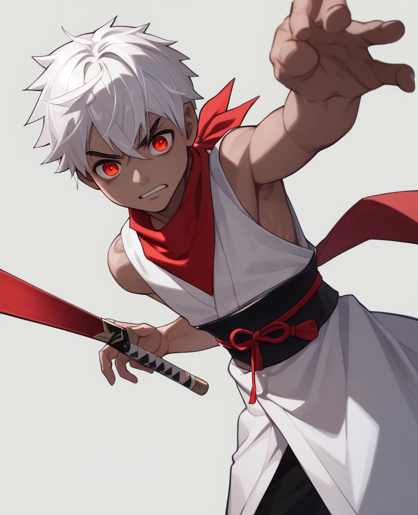 Haori, male, Demon, demon skin color, Aura, Shrine Background, martial artist gi