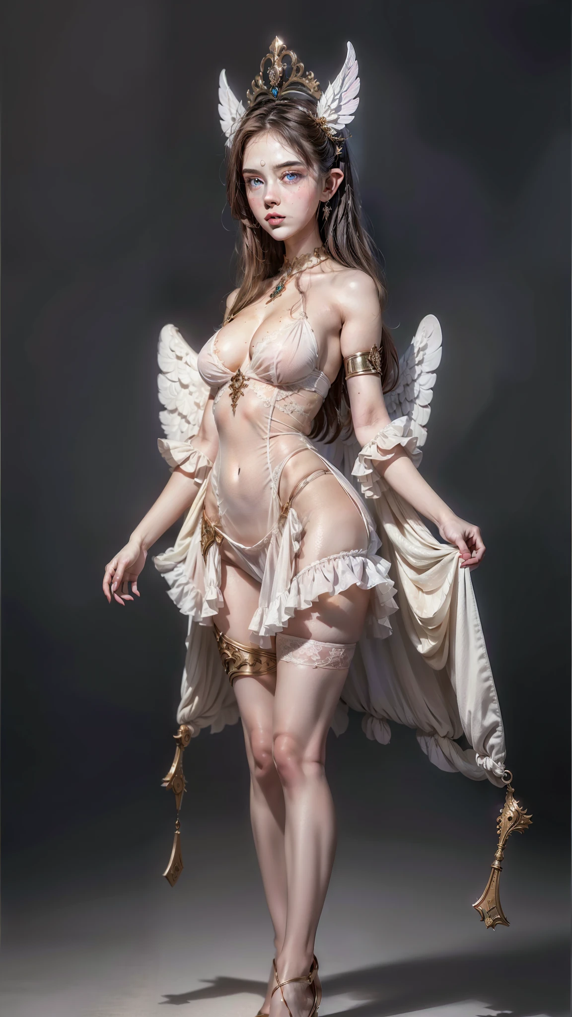 ภาพระยะไกล An angel is depicted with a pale and shine skin, (totally naked), หน้าอกขนาดใหญ่ their skin seemingly glow with an In another way radiance. They are adorned with a pair of sparkling and elegant wing, symbolizing their sacred nature. The scene is impersonal and charming, capturing the beauty and mysterious of these celestial beings. angel, pale, shine, skin, glow, In another way, radiance, sparkling, elegant, wing, sacred, impersonal, charming, beauty, mysterious.upper body,