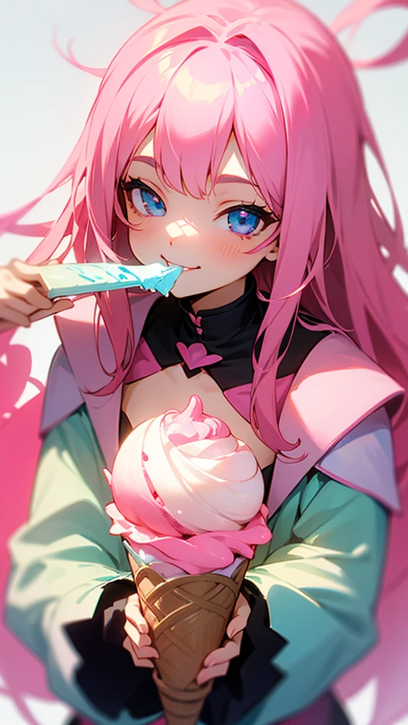 (suggestive:1.3),(corruption),1yae miko,(japanese clothes),holding ((popsicle)) melting,dripping, pink hair,purple eyes,blush,upper body,(ahegao:1.1),(naughty face),collarbone,trembling,sweat,sweatdrop,heart,skindentation, (crazy:1.3),(speed lines),sun, outdoors