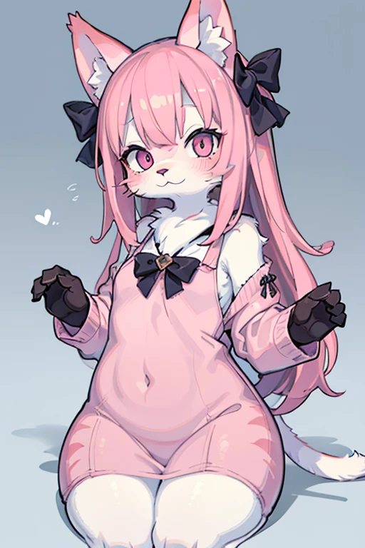 Master piece, perfect, highly detailed, (little hibryd anthro cat femboy), fluffy pink fur, ((pink eyes)), ((1))fluffy cat tail, pink long hair, tiny chest, (pink cat ears), wearing a pink collar, pink maid dress, silk white gloves, silk white thighhigh socks, wearing a pink muzzle, truemuzzle, eyesgod, niji, eyesgod, niji,