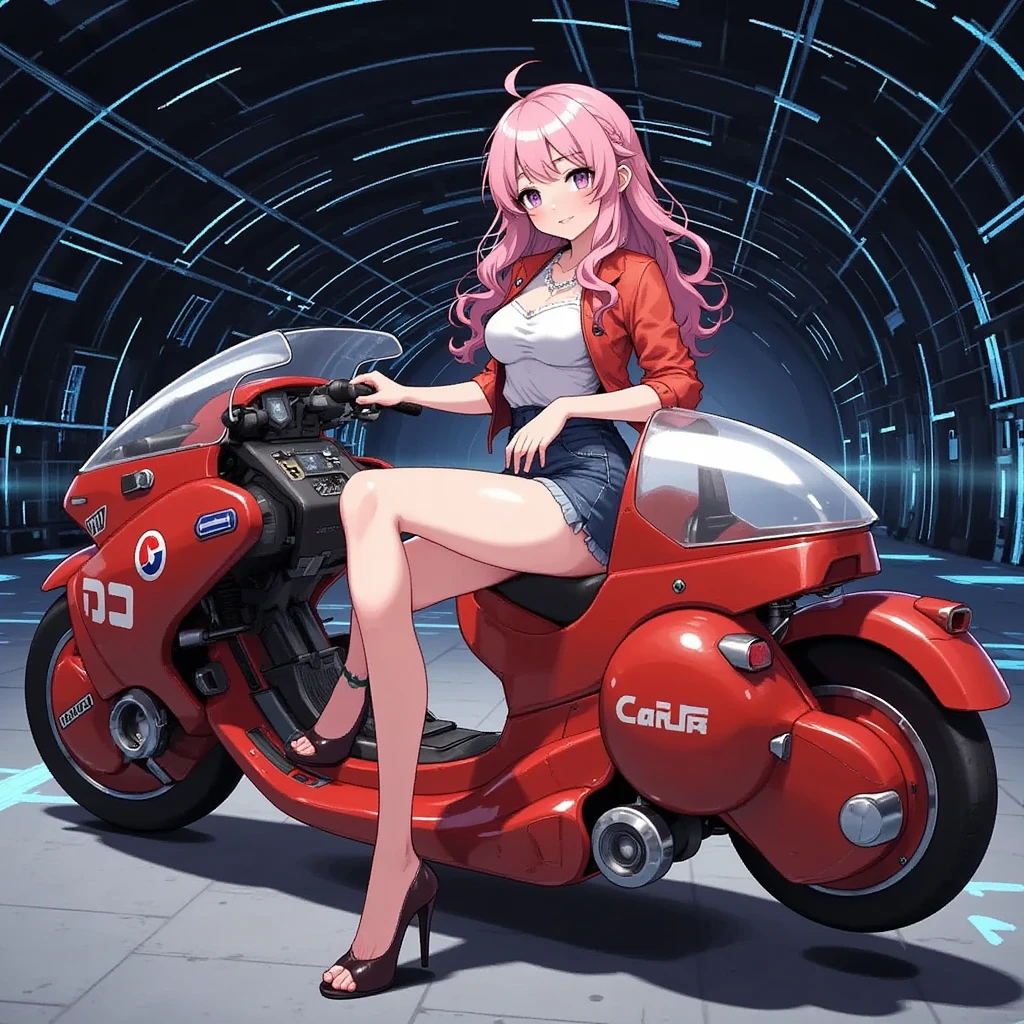 1girl,Sitting,Akira Bike,Lean back,Put your foot forward,Thick eyebrows,sheep girl,Pink Hair,Large scooter,Very low seat,Low vehicle height,One step ahead,Akira Bike,high resolution,masterpiece,high quality,masterpiece,high quality, (Photorealsitic:1.4),Raw photo,(super realistic details),portlate,Shadow,Beautiful Skin,detailed face and eyes,Akira Bike Red,cycling,The background is a tunnel drawn by stretching blue hologram lines through a black cyber space:2.0