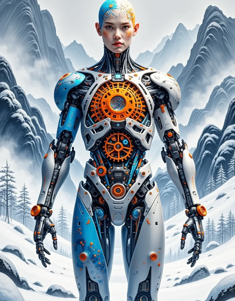 (Extra LongShot:1.6), (an expansive view:1.7), Future biomechanical figure, half-human and half-machine, with an organic torso and head, mechanical limbs, visible thermally orange gears through translucent skin, cobalt blue circuit patterns on metal parts, intricate details of organic and mechanical elements, dramatic lighting emphasizing texture and color contrast. The entire process is rich in detail with a sharp focus, set against a Neo-Chinese background, ink wash with double exposure, embodying a theme of longing to integrate into nature, featuring the core of the icy and snowy landscape of Northeast China, vividly colored ink wash, extreme simplicity, Zen, cold style by Chen Jia, ultra-high definition