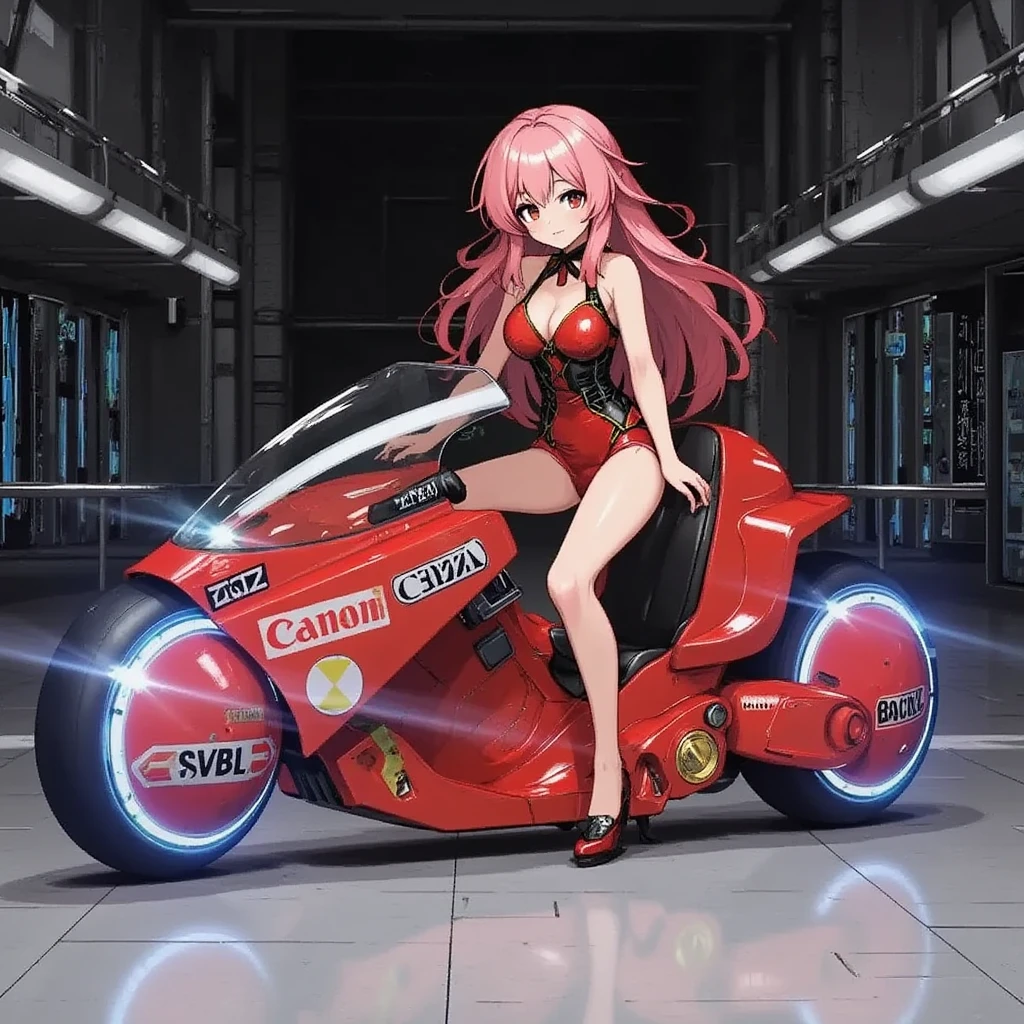 1girl,Sitting,Akira Bike,Lean back,Put your foot forward,Thick eyebrows,sheep girl,Pink Hair,Large scooter,Very low seat,Low vehicle height,One step ahead,Akira Bike,high resolution,masterpiece,high quality,masterpiece,high quality, (Photorealsitic:1.4),Raw photo,(super realistic details),portlate,Shadow,Beautiful Skin,detailed face and eyes,Akira Bike Red,cycling,The background is a tunnel drawn by stretching blue hologram lines through a black cyber space:2.0