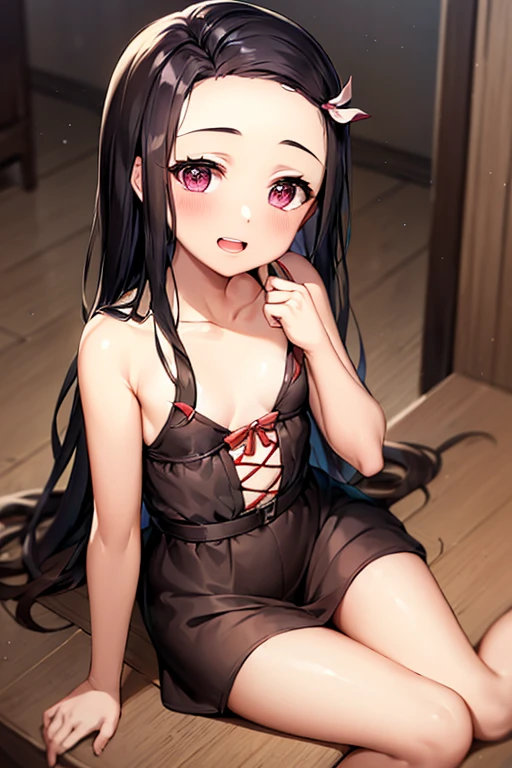 ((Best Quality)), ((masterpiece)), (be familiar with),  perfect face, indoor, bedroom,  watching viewers,
One woman, Kamado Nezuko,
 characters with open mouth ,  ecstatic expression, blush, smile,
Small breasts,  flat chest, Young girl, Lori,  ,  girl,
Long Hair,  long hair,
Leg spread,