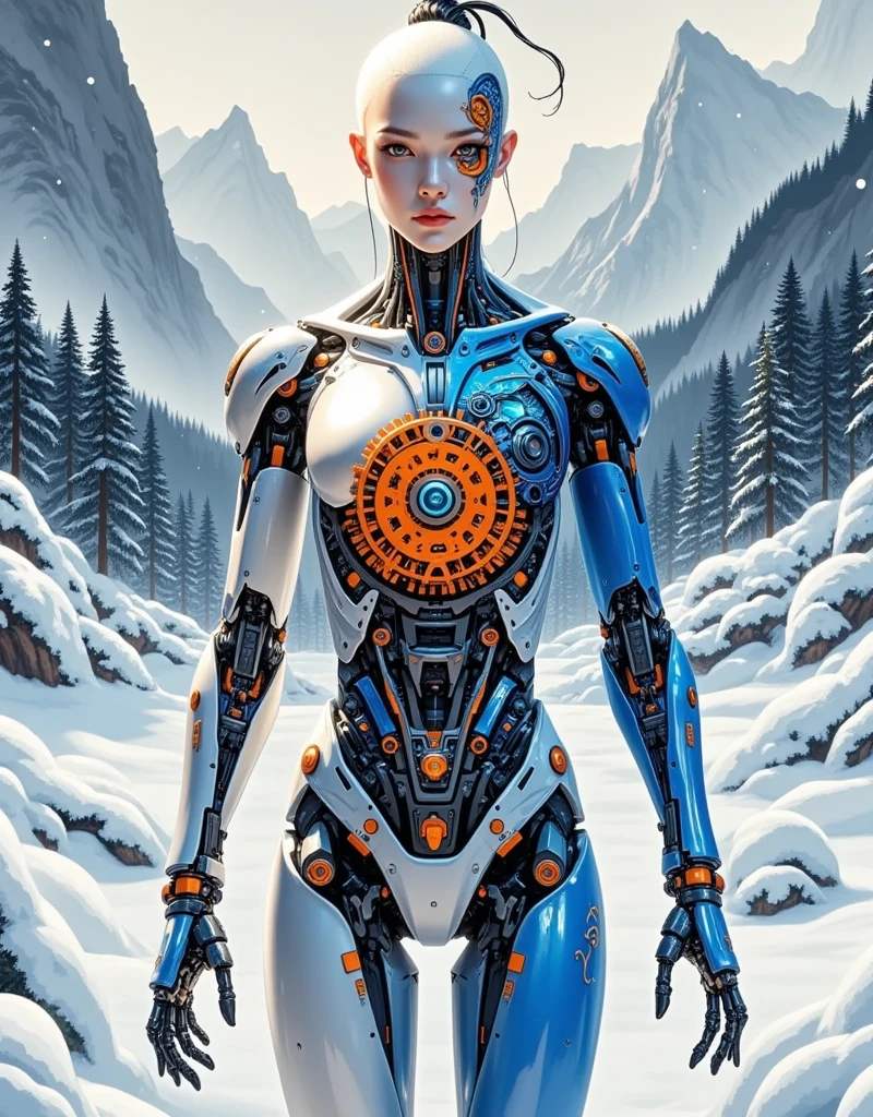 (Extra LongShot:1.6), (an expansive view:1.7), 1girl,  Future biomechanical figures， Half Man Half Machine ， Torso and head are organic，Limb machinery， Hot orange gears can be seen through the translucent skin， Royal blue circuit patterns on metal parts， Intricate details of organic and mechanical elements， Dramatic lighting emphasizes texture and color contrast。 Rich details throughout，Clear focus，((( Background is neo-Chinese style，水墨Blooming，Double Exposure， Embody wilderness and natural environment， The theme of the inner desire to integrate into nature， Ice and snow in the core of the Northeast natural scenery， Heavy ink and color tones， Ink painting with freehand brushwork，Blooming，Minimalism，Zen，Chen Jia Leng style， Ultra HD)))