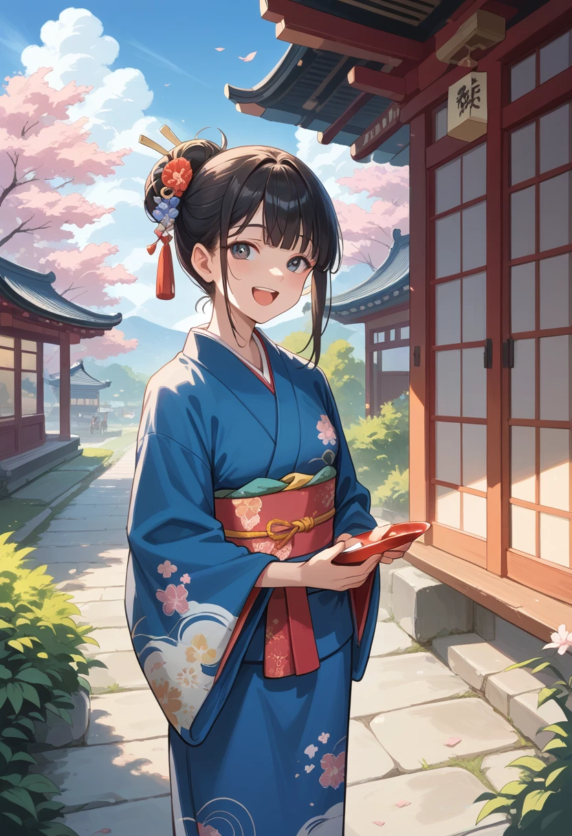 masterpiece, best quality, score_9, score_8_up, girl, happy, kimono, outdoor,