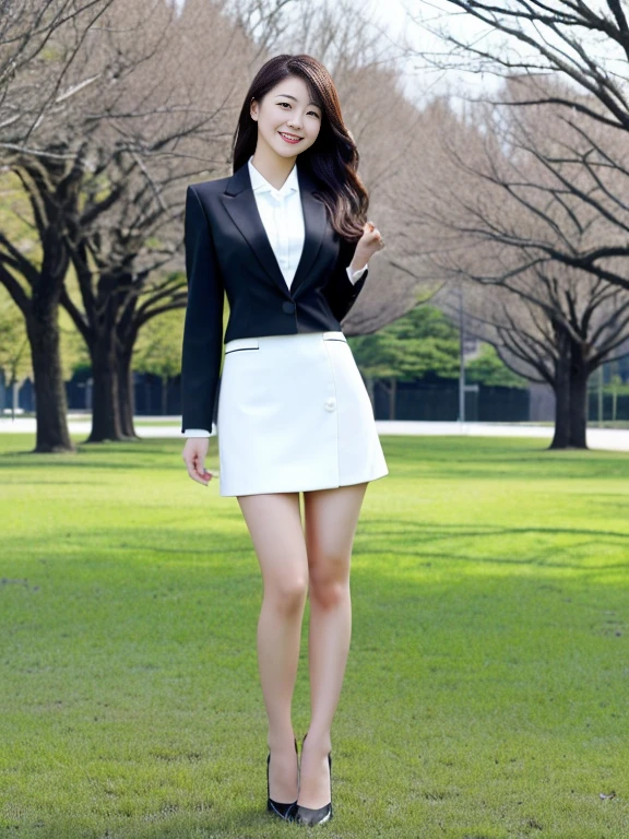 8K,  highest resolution, Wore a strict black business suit , A Japanese woman is standing, Full body leg shot ,  full-body image of a Japanese woman in an empty park , wearing a strict white business suit , short white tight skirt ,  I'm wearing brown ankle strap pumps,  highly detailed face,  beautiful face, Smiling, A Japanese woman with a clean face, The eyes of the audience ,  pretty round pretty eyes ,  thin thighs, Thin legs, Hands are crossed behind the body and can't be seen