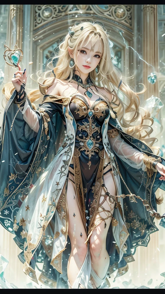 One Girl, Long Hair, Light Hair Color, Captivating eyes, Mysterious look, Mature Appearance, Attractive dress, loose fitting dress, Elegant Jewelry, Elaborate decoration, Magic symbols, Glowing Accessories, part, scroll, Cute accent,ribbon, Magical Effects, Crystal Jade, Particles of light, Rubik,