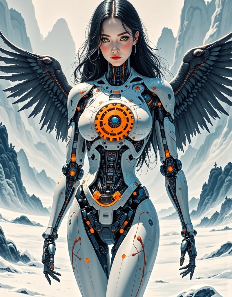  by Bastien Created by LeCouffe-Deharme ， by Carne Griffiths and Wadim Kashin， The interaction of sci-fi art by roblunda mccallum ， in a style of detail you can miss in the blink of an eye ，whole body，white and light orange，Science fiction realism， pop comics ，exaggerated anatomy，喷枪艺术，， makes this piece （（（ 3d alcohol ink double exposure illustration ））），in主要图像是（ facing a beautiful European futuristic woman at full length ， dark hair，Green Eyes， showing black parts of human skin 、 electronics and lighting ） have intricate details and （ long exposure background ） A stunning reality （ with soft double exposure Effect ）。Color and （iris、pattern） creates a surreal optical illusion，in（ black angels ， black hair and black wings ）of clothes and（Extremely long、 flowing hair）and（ ethereal environment ）Seamless integration。 the overall atmosphere exudes a （ fantasy and charm ）The scent ， an amazing reality （ exquisite art ）